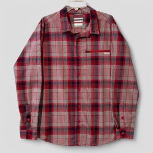 Columbia Men's Plaid Flannel Omni-Shade Zip Pocket Fishing Shirt Red Gray Sz Lrg
